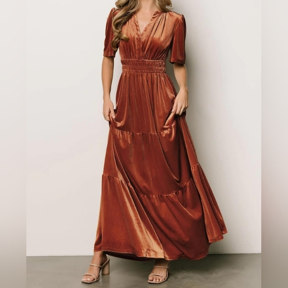 Long Velvet Midi Maxi Gown Dress Pumpkin Pie Rust Burnt Orange V